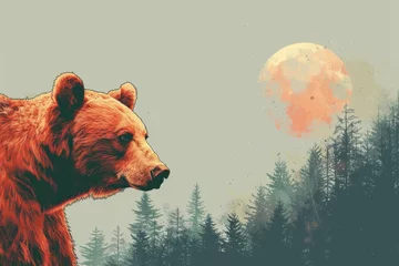 Deurstickers A bear is looking at the moon in the sky. The sky is cloudy and the trees are green © auttawit