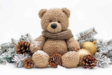 A teddy bear is sitting on a bed of pine cones and gold ornaments. The scene is cozy and festive, with the teddy bear looking out of the frame as if it's watching the decorations