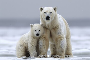 Two polar bears standing next to each other in the snow. The baby bear is smaller than the adult bear