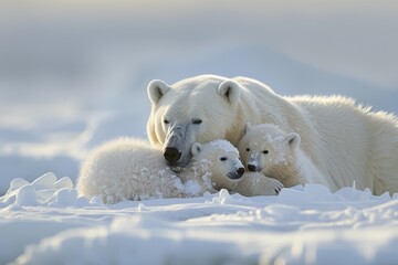 A mother polar bear is holding her two cubs in the snow. The scene is peaceful and heartwarming, as the mother bear protects and cares for her young