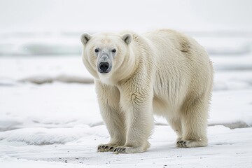 A polar bear stands in the snow, looking at the camera. The bear is large and white, with a black nose and black ears. The scene is peaceful and serene, with the snow covering the ground