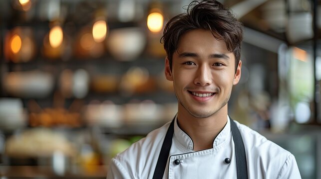 Photo of young Asian male chef on kitchen background