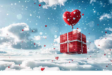 Fototapeta na wymiar Gift box with heart balloon floating it the sky, Happy Valentine's Day banners. Generative AI