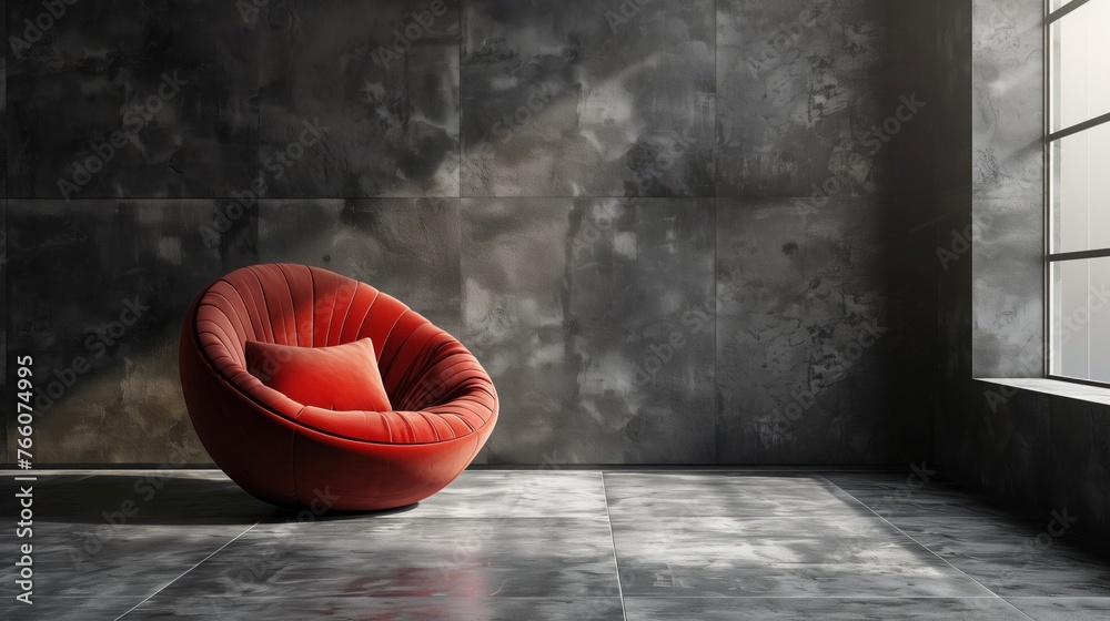 Sticker Living room with red velvet armchair on empty dark grey wall background. empty space.