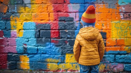 graffiti on the wall. A boy stands and looks at the graffiti on the wall. colorful works of art