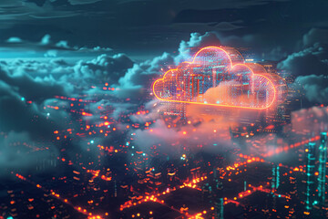 Cloud computing logo above a city skyline - obrazy, fototapety, plakaty