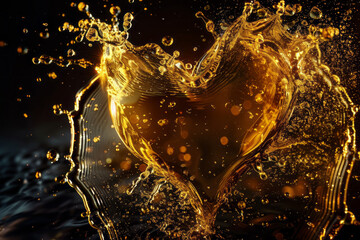 Gold heart liquid splash for romance valentines day. Generative AI