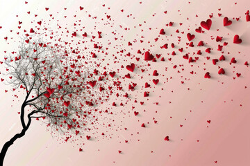 Happy Valentine's day blank background, beautiful paper cut clouds with 3d red hearts on pink background. Generative AI