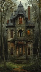 Fototapeta premium creepy house woods path leading large windows french town academia aesthetics board cover nobody living built steep hill wallpapers forest night doorway