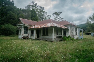 Fototapeta na wymiar Abandoned farmhouse the countryside. Gisborne District, New Zealand.