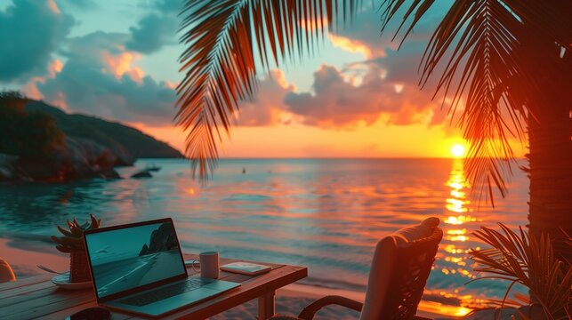 Remote working. Work desk on the beach sand There is a view of the sparkling sunset.