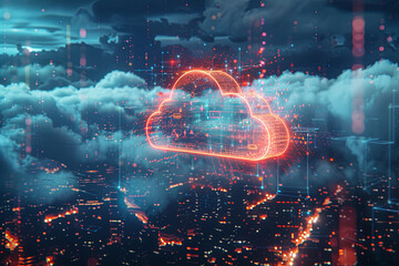 Cloud computing logo above a city skyline - obrazy, fototapety, plakaty
