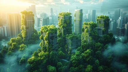Green space in the city, image of a city with greenery Rooftop garden or vertical forest It shows that urban environments can combine nature. - obrazy, fototapety, plakaty