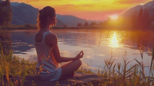 Young woman meditating by the lake at sunset. A female practicing yoga for mental health. Seamless looping animated. Generative AI