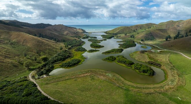 Orongo Station Conservation Masterplan wetland area and farmland, Gisborne, New Zealand.