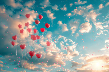 Many pink hearts fly as balloons in the sky with clouds Valentines day. Generative AI