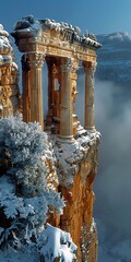 view snowy cliff building top roman pillars stunning design zenobia winter dionysus also known artemis creation grand temple flowers arabia liege awestruck abandoned - obrazy, fototapety, plakaty