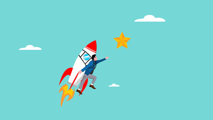 hope of success in business startup, businessman riding a startup business rocket trying to reach the stars of success concept vector illustration