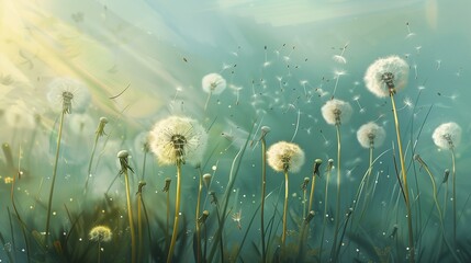 dandelions field deep droplets wisps air pollution wonderful light puffballs dreamy hazy wind - obrazy, fototapety, plakaty
