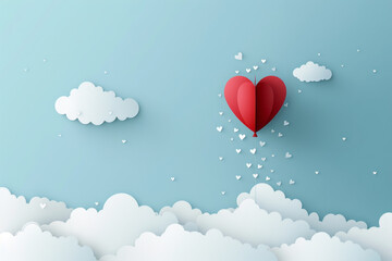 Paper art of heart balloon flying and spreading little heart in the sky, origami and valentine's day
