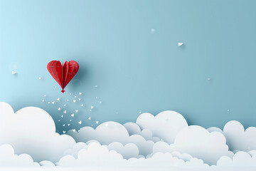 Fototapeta na wymiar Paper art of heart balloon flying and spreading little heart in the sky, origami and valentine's day