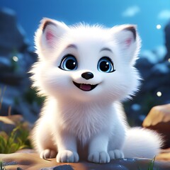 Fototapeta na wymiar A cute smiling 3D cartoon arctic fox in the snow with sparkling eyes