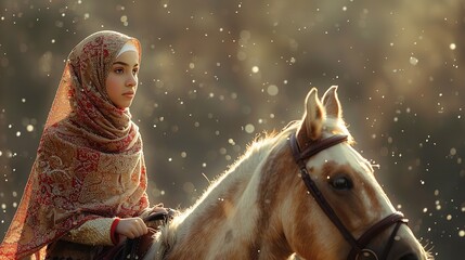 A Muslim woman riding a horse while covered in a headscarf depicting freedom independency and enough space, Generative AI. - obrazy, fototapety, plakaty