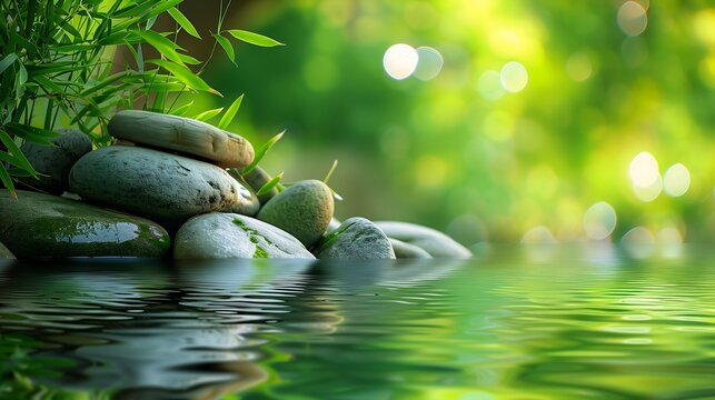 pile rocks sitting top body deep zen natural background green leaves splash flow appearing avatar irrigation refreshing color gentle mists lines bubbly scenery test