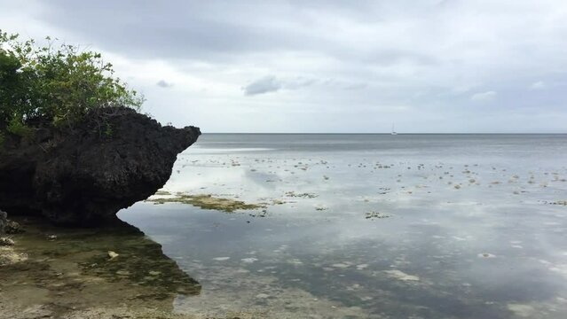 The beautiful landscape on Solangon Beach in Siquijor Island. The huge rock has plants on the top. Its an overcast day on the beach in the Philippines.