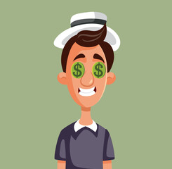Funny Young Man Thinking About Making Money Vector Cartoon. Greedy guy being money driven motivated by financial gain 
