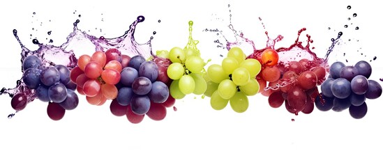 A cluster of grapes is being splashed with juice, showcasing the beauty of this seedless fruit from...