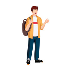Young Man with backpack showing thumbs up. Travelling concept, flat design, cartoon style. Vector illustration isolated on white background.