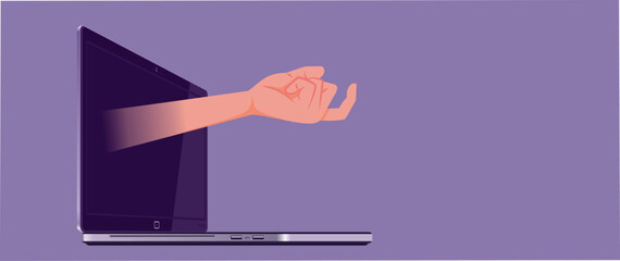Hand Making a Calling gesture through Laptop Screen Vector Illustration. Scammer luring in with romantic proposals and catfishing 
