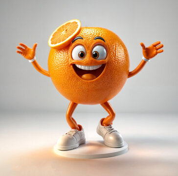An 3d render cartoon orange character with a slice of orange as one of its side horns with arms outstretched