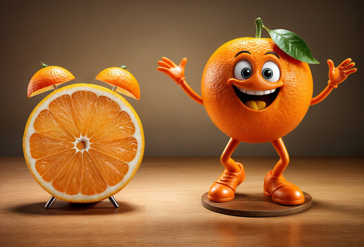 3d render of happy cartoon orange character with arms outstretched standing with orange fruit alarm clock. Concept of hello welcome summer