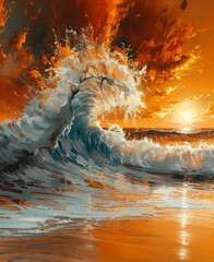 wave breaking beach sunset stunning glowing hot sun scroll tall wet brush - obrazy, fototapety, plakaty