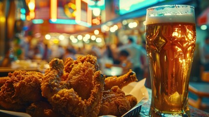 Oktoberfest Street Scene. Lively depiction of Oktoberfest with overflowing beer steins and golden-fried chicken, against bustling streets and colorful decorations. - obrazy, fototapety, plakaty