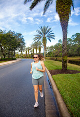 Healthy Middle-aged Woman jogging along a urban neighborhood street. Active female working hard to stay fit. vertical orientation with copy space