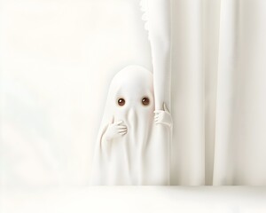 Shy Ghost Hiding Behind Curtain,Adorable Spookiness on White Background