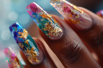 A hand with gold and colorful nail art. The nails are long and have a flower design. Scene is elegant and sophisticated - obrazy, fototapety, plakaty