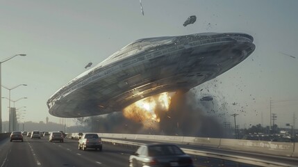 large object flying highway cars crashed ufo galleon - obrazy, fototapety, plakaty