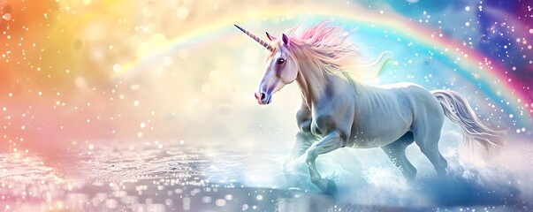 Obraz na płótnie Canvas Dreamy Unicorn under Sparkling Rainbow in Magical Ethereal Landscape