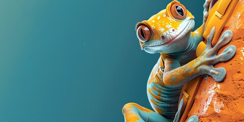 Gecko with Adhesive Tech Gloves for Scaling Vertical Surfaces and Walls in Vibrant Colorful - obrazy, fototapety, plakaty