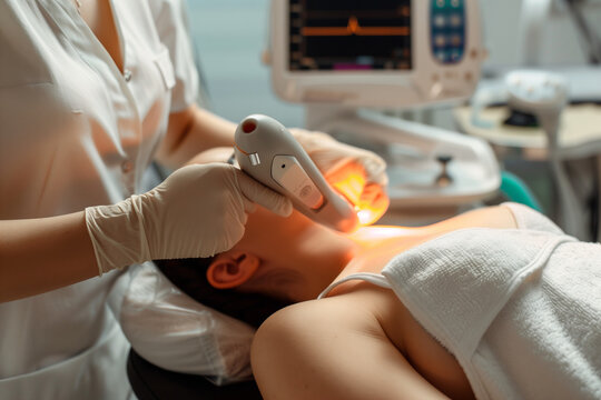 A woman is getting a laser treatment on her face. The woman is wearing gloves and the technician is holding a laser device