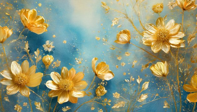 a whimsical wall background adorned with hand-drawn gold flowers scattered across a dreamy sky blue canvas, imbuing the space with a touch of magic and wonder, ideal for children's bedrooms, fairy tal