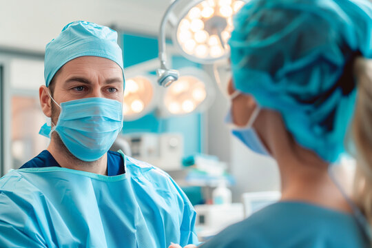 A doctor and a nurse are talking in a hospital. The doctor is wearing a blue surgical mask and the nurse is wearing a blue surgical cap
