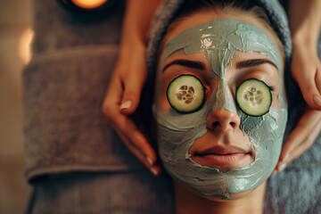 A woman is wearing a cucumber mask and has her eyes closed. She is smiling and she is enjoying the experience