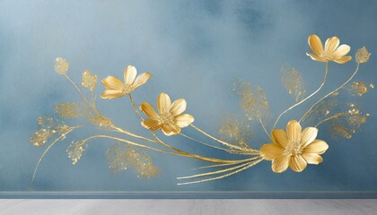 a minimalist wall background with subtle gold flower accents on a serene sky blue surface, offering a modern and understated aesthetic suitable for contemporary art galleries, upscale cafes, or boutiq