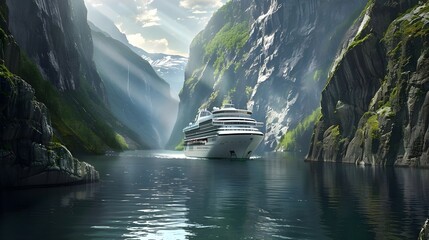 Cruise ship passes a narrow canyon of rock one of the many natural wonders that can be found in Norwegian fjords - obrazy, fototapety, plakaty