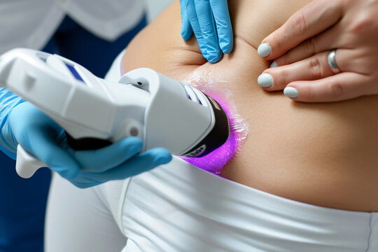 A woman is getting a body contouring treatment. A doctor is holding a device that is emitting a purple light